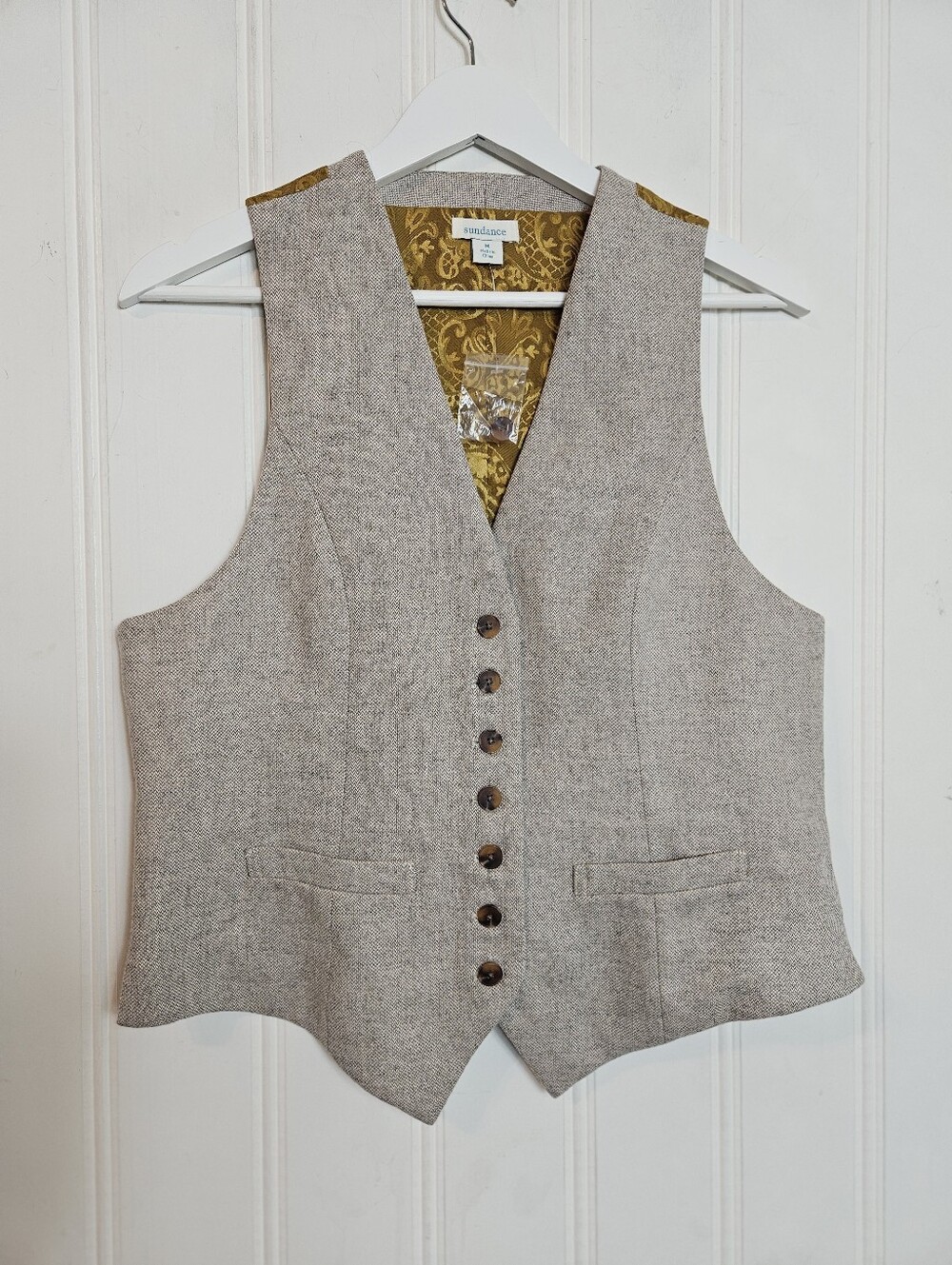 Sundance Vest M Wool Tweed Herringbone Paisley Brocade Boho Academia Beige Brown - Picture 2 of 10